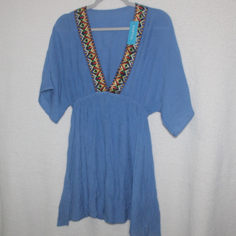NWT POPVIL Blue Dress with embroidery detail around the neckline in Sz(S)